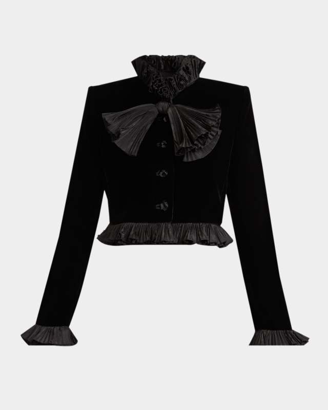 Pleated Ruffle Velvet Crop Jacket